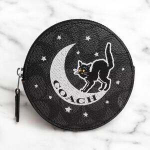 Coach Coin Case In Signature Canvas With Halloween Black Cat CX348